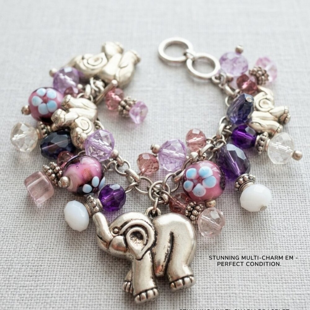 Charm Bracelet Elephant Beads Purple Pink Glass Silver Tone Cute Dangle